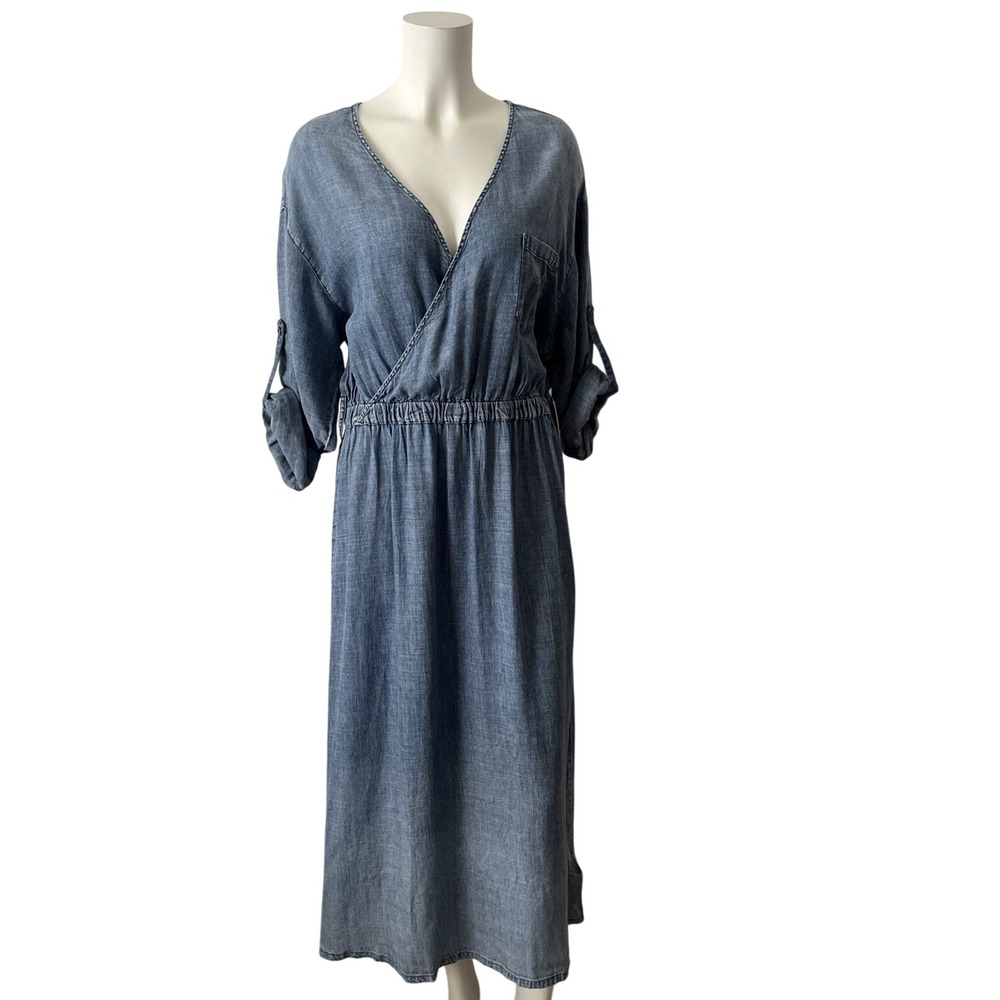 Washed Blue Chambray Wrap Midi Dress